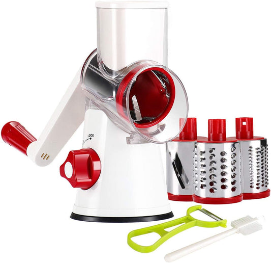 Rotary Cheese Grater Hand Crank, Kitchen Shredder Speed Mandolin Slicer Nuts Grinder with Handle and Drum Blades for Cheese, Vegetable, Walnuts, Chocolate, Potato, Carrot, 3 Blades, White